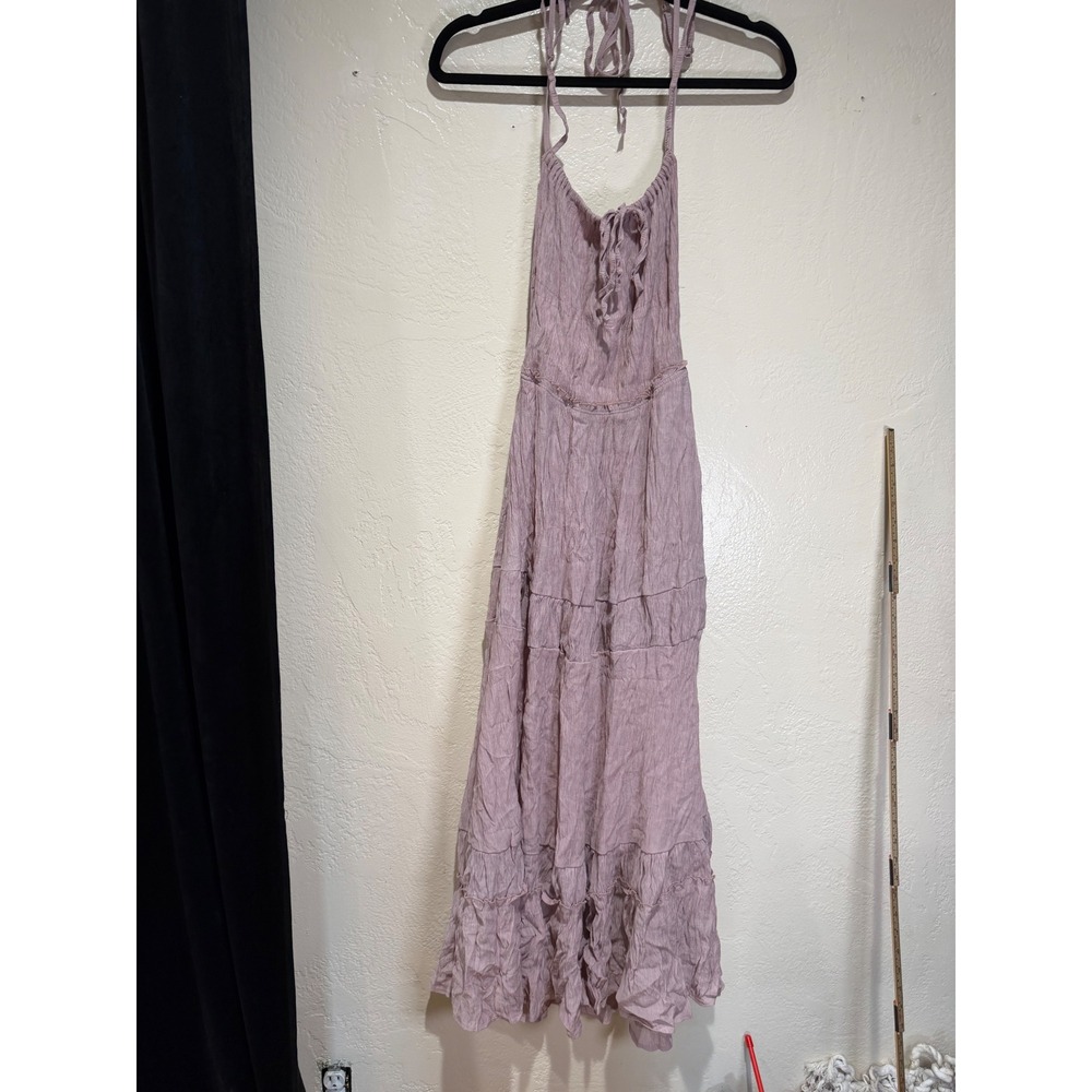 HeSaYep Womens Halter Maxi Dress Dusty Mauve Crinkle Gauze Tiered Boho Size L